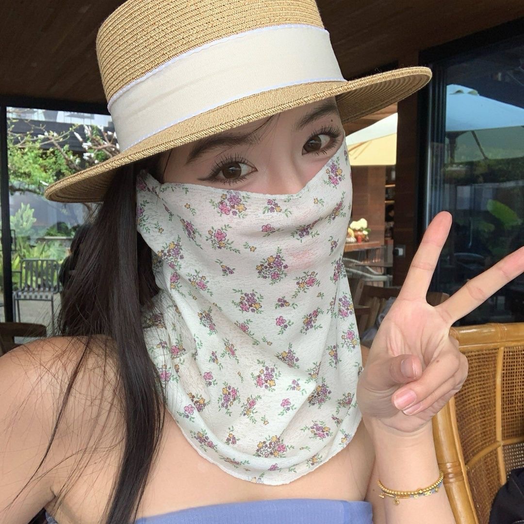부드러운 잔꽃 자외선 차단 마스크 전체 얼굴 목 보호 경박 통기 베일 여름