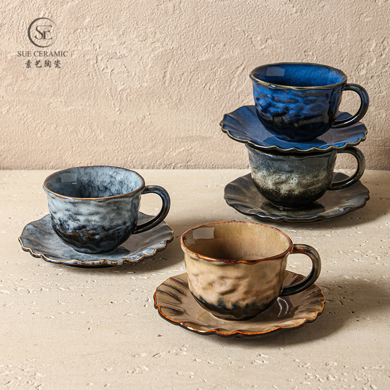 Hand-Kneaded Kiln-Turned Ceramic Coffee Cup and Saucer Set, Creative Stoneware Latte Art Cup, Household High-End Exquisite Mug