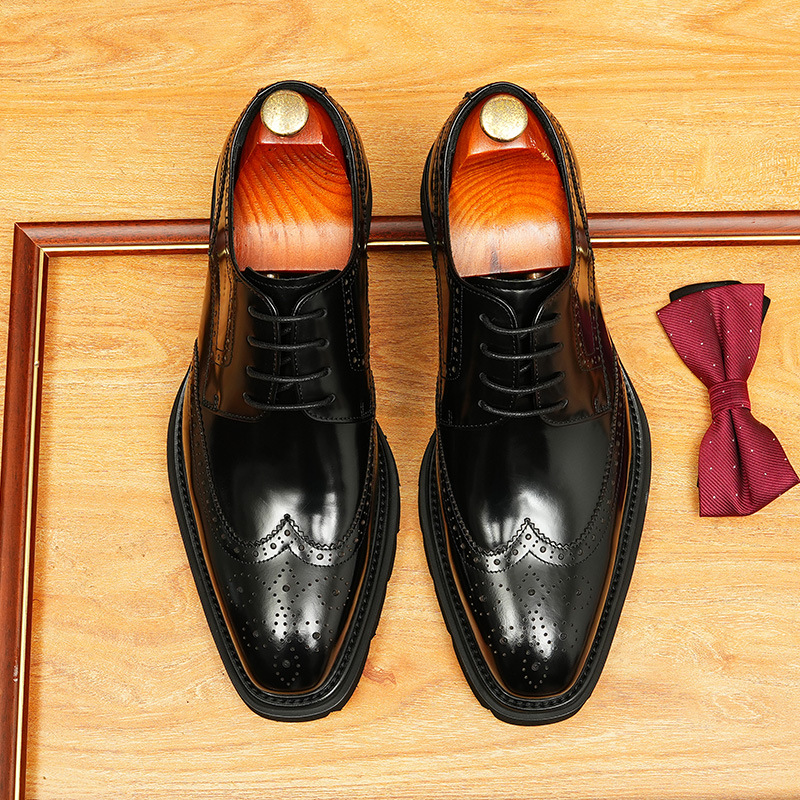[pies] zapatos de cuero genuinos para hombres de negocios británicos cuero de vaca tallado en el interior con tirantes de cabeza cuadrada y zapatos de hombre marrones para bodas del novio image 7