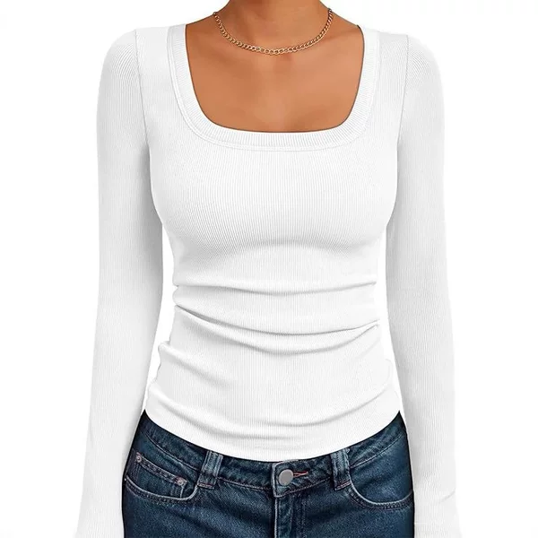 2025 European and American Cross-Border New Women's Long-Sleeved Square-Neck Tops Slim Casual Ribbed Knitted Basic Style