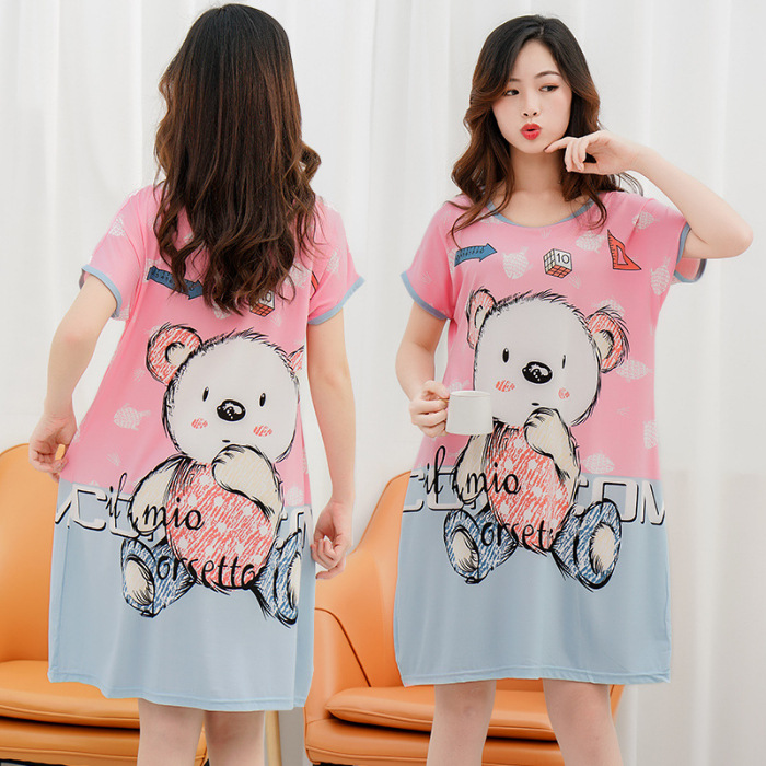 Camisón de las mujeres del verano Delgado manga corta nueva línea rojo estilo pijamas dibujos animados lindo señoras vestido flojo desgaste hogar