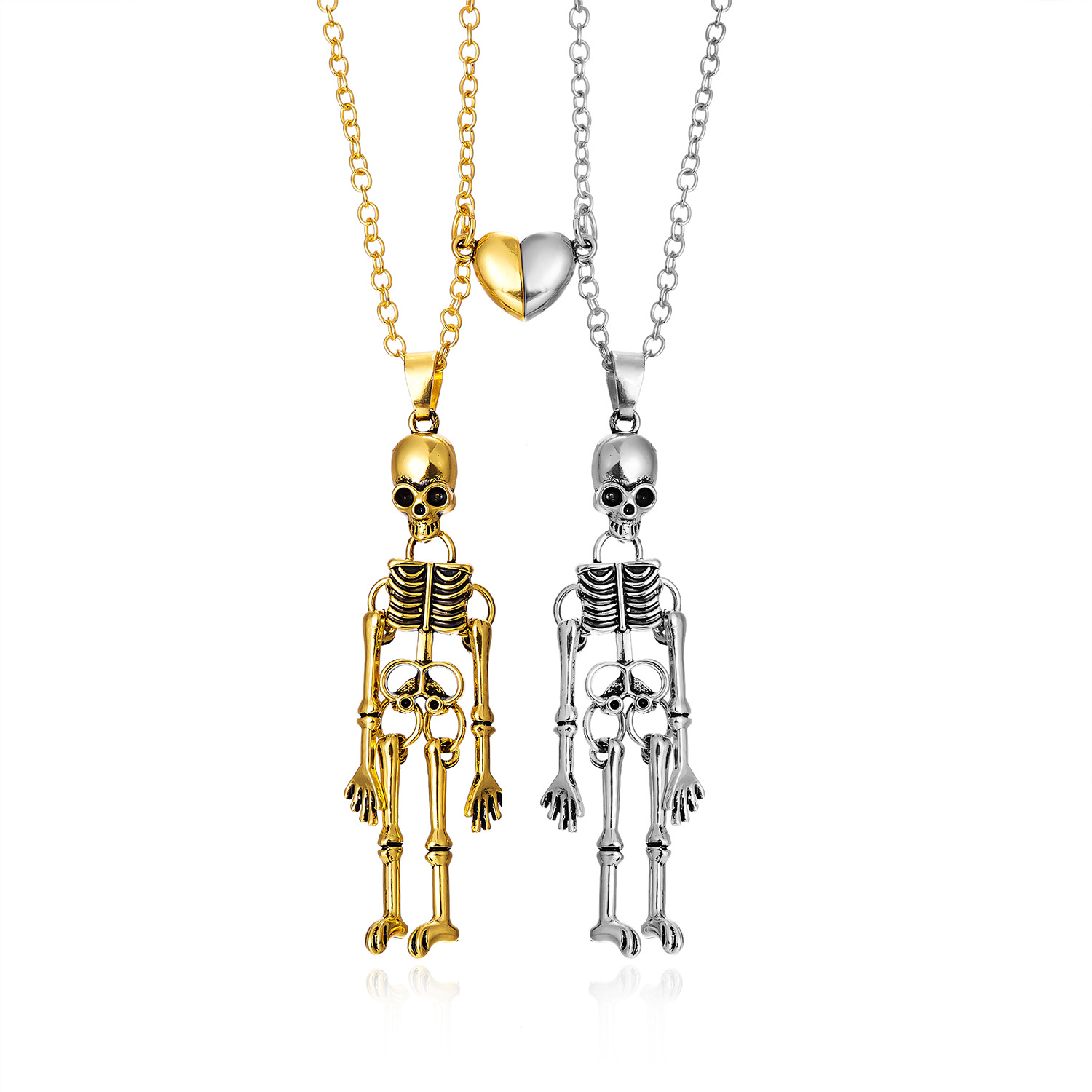 Collana con ciondolo di coppia in stile dark per Halloween, con teschio umano e fantasma che tiene la mano_voghion.com