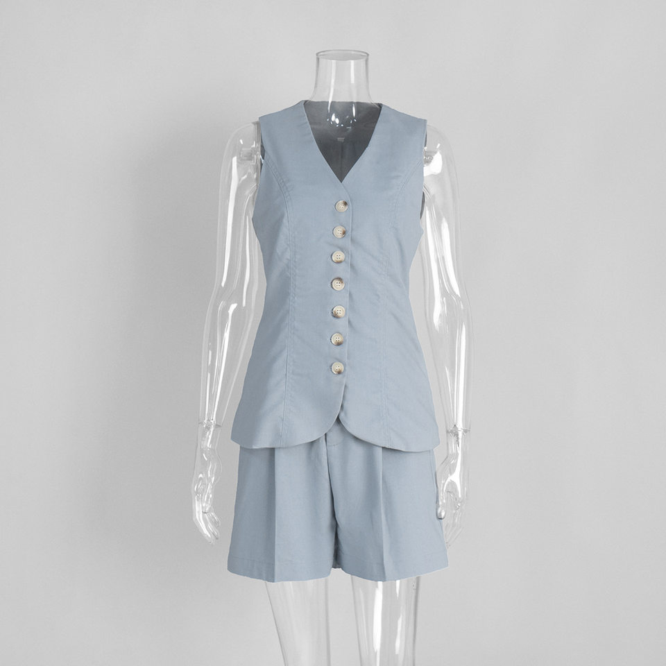 Bộ vest gile và quần short nữ chất liệu lanh cotton, áo khoét vai không tay, kiểu công sở — Màu mơ, Màu nâu đậm, Màu trắng, Màu xanh nước biển chi tiết 8