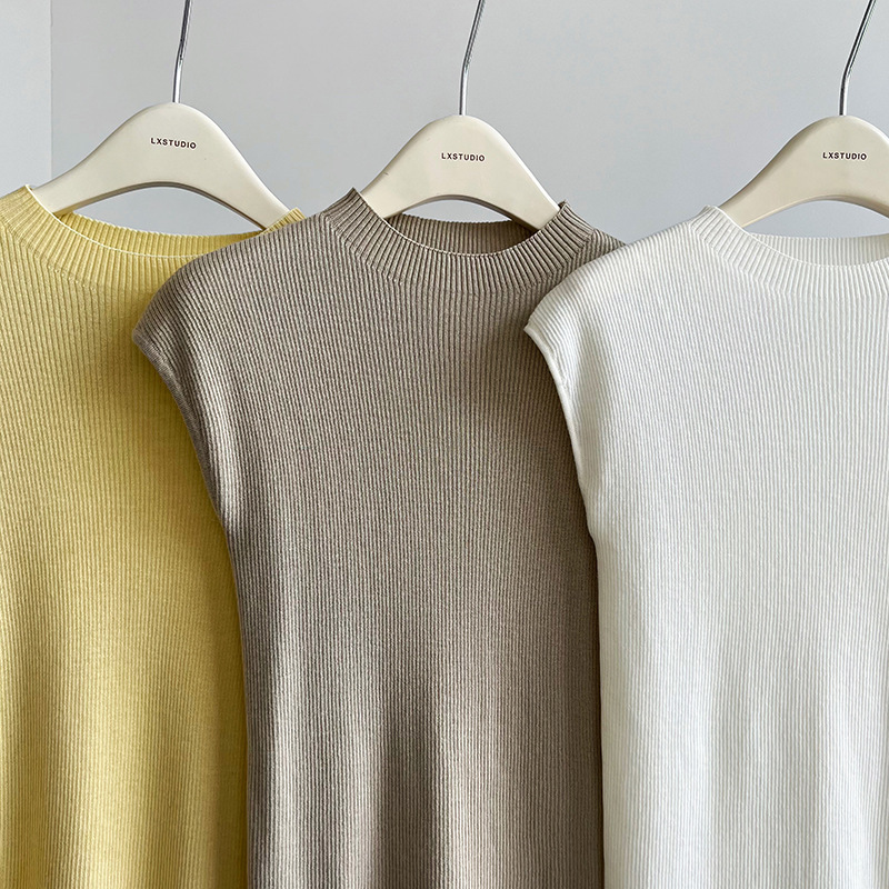 Spring Summer Slim Fit Cashmere Knitwear Top Simple Drop Shoulder Soft Glutinous Short Sleeve Bottoming Shirt Women