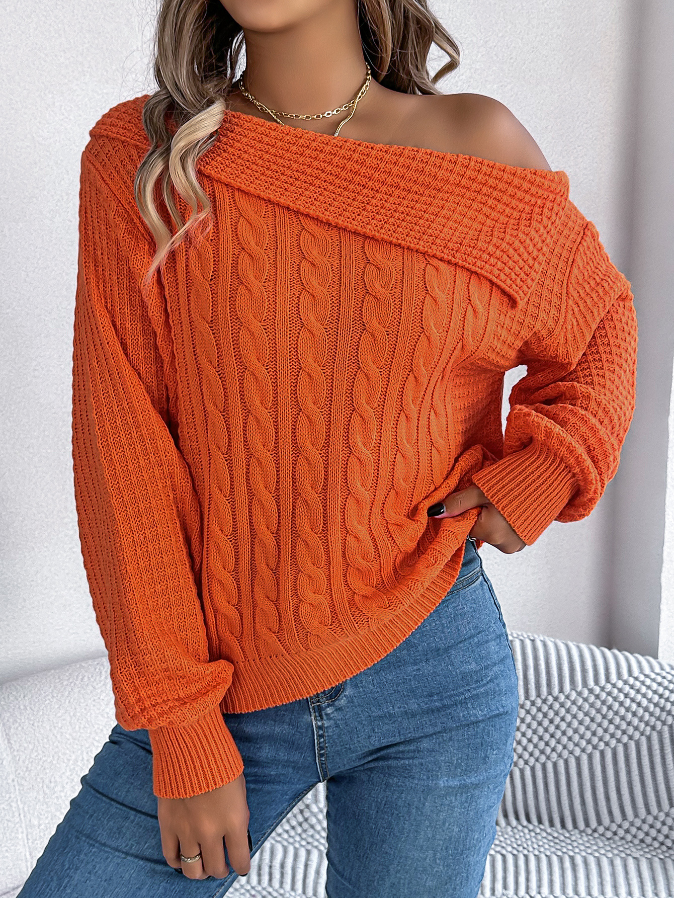 Women's Sweater Off Shoulder Lapel Twist Long Sleeve Pullover_voghion.com