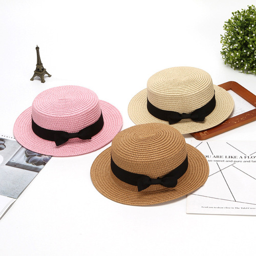 Summer Straw Hat Korean Style British Retro Flat Top Fresh and Cute Fascinator Sun Protection Beach Hat Trendy Summer Outing Hat