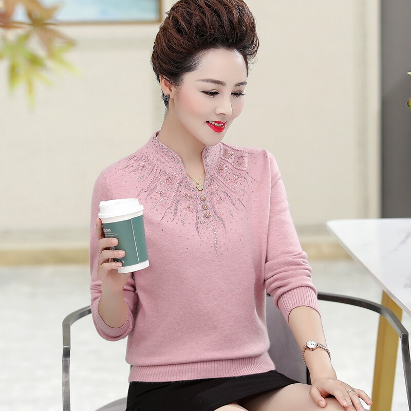 Middle-aged and elderly mothers autumn and winter long-sleeved sweater 2023 new pullover loose sweater women's cheongsam collar bottoming shirt