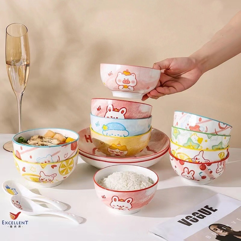 日式陶瓷碗早餐家用4.5英寸米饭碗可爱卡通水果网红儿童碗沙拉碗