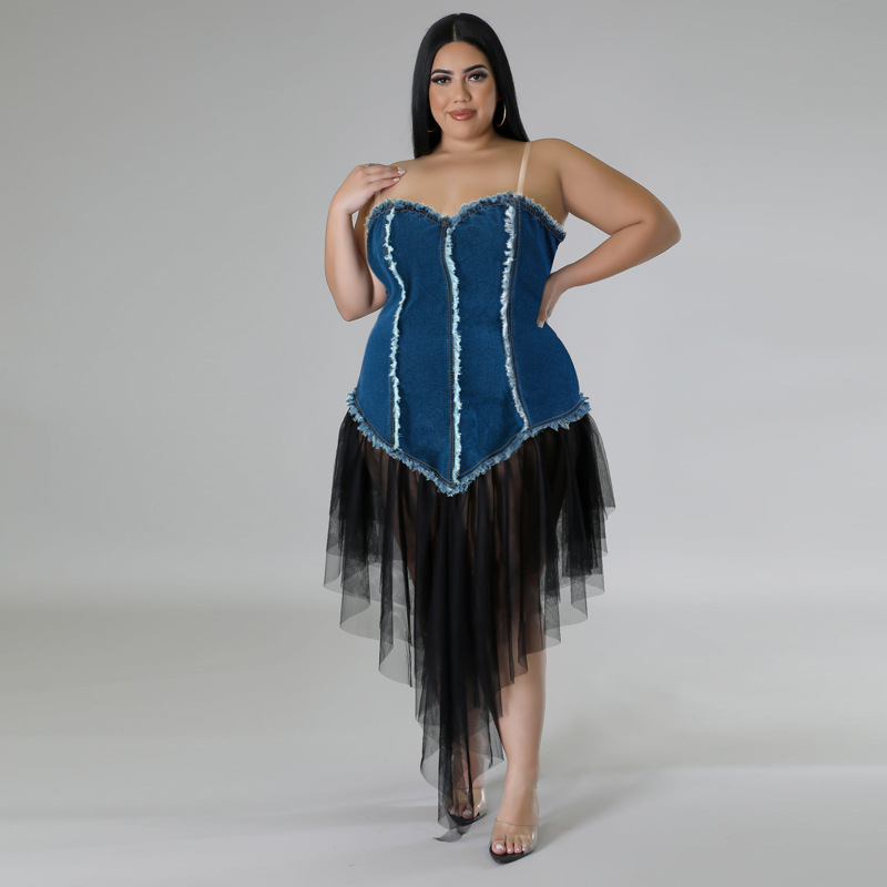 Damen Plus Size Kleid Mit Denim Patchwork Und Mesh Für Jeden Anlass_voghion.com