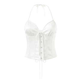 批发2025秋欧美女装系带龙骨对扣后背气眼挂脖缎面塑形上衣 7730