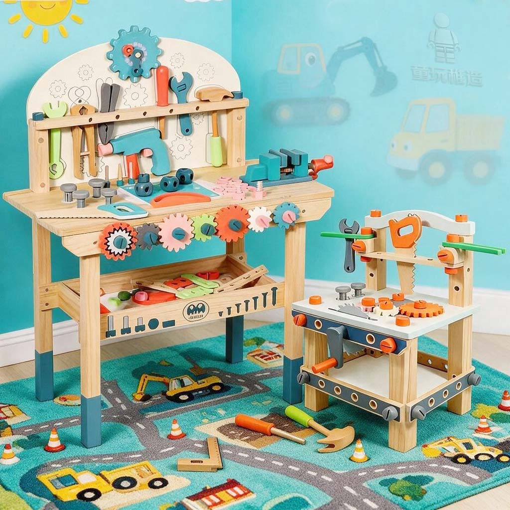 New wooden children's pretend play repair tool table, simulated disassembly and assembly tool table, nut-tightening educational toy
