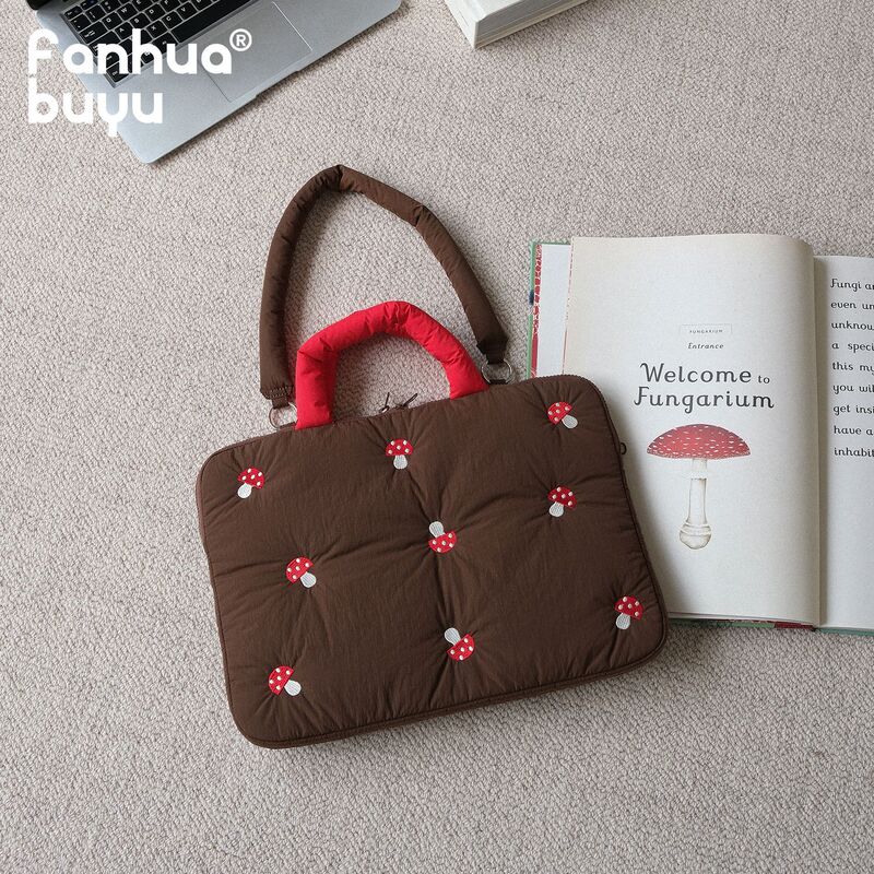 Mushroom Embroidery 15inch 16inch Laptop Handbag Female Cute High-Looking Cotton Filled Shoulder Laptop Bag