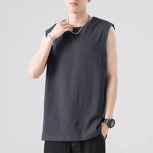 White Men's Spring Youth Basic Loose Hong Kong Style Sleeveless T-Shirt Top Plus Size Casual Crewneck Shirt
