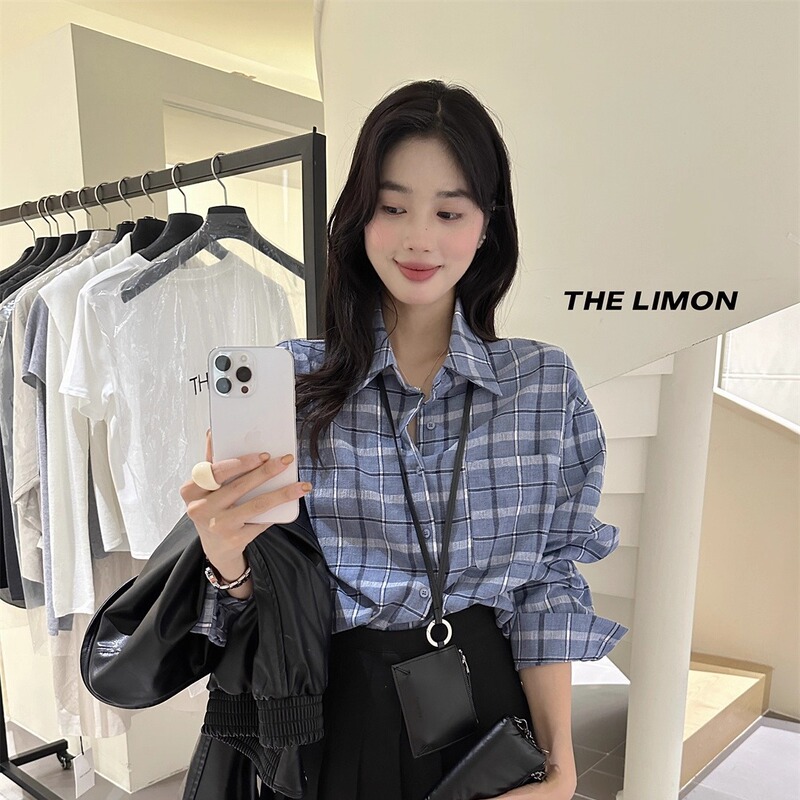 THE LIMON柠檬绿茶2025秋季复古气质百搭宽松格纹百搭衬衫上衣女|undefined