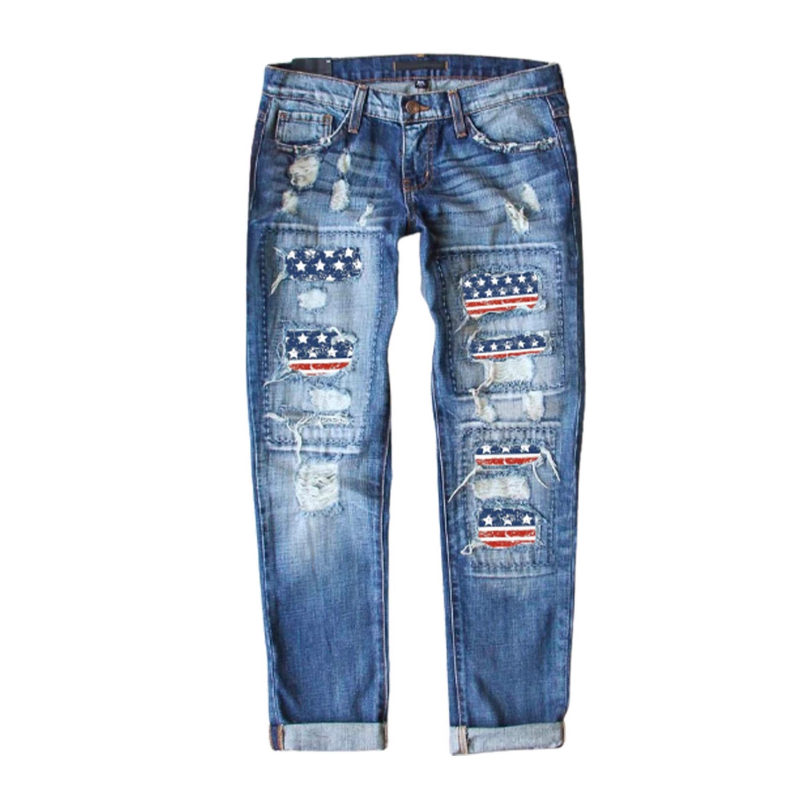 European and American Amazon Independent Station Cross-Border Fashion New Ripped Printed Patch Mid-Waist Straight Women's Jeans for Women