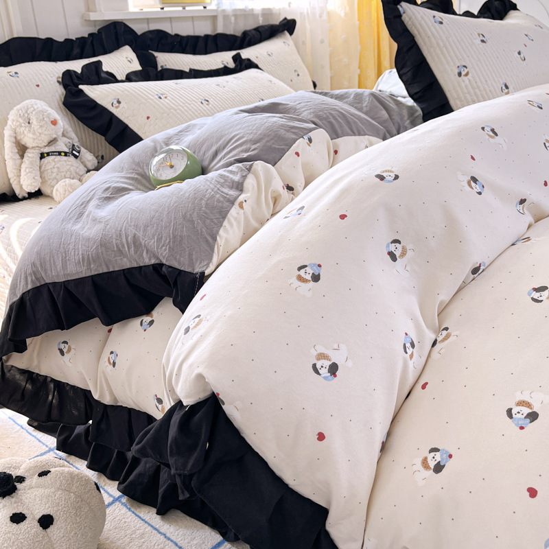 Cubierta de cama de hilo de doble capa de algodón de punto aeróbico Juego de cuatro piezas Funda de edredón de encaje Tatami Cubierta Kang Cojín Four Seasons Universal