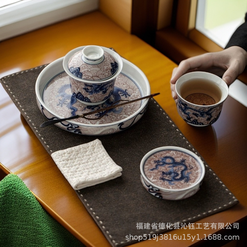 青花瓷釉里红龙功夫茶具套装复古陶瓷家用泡茶盖碗主人杯壶承茶托|undefined