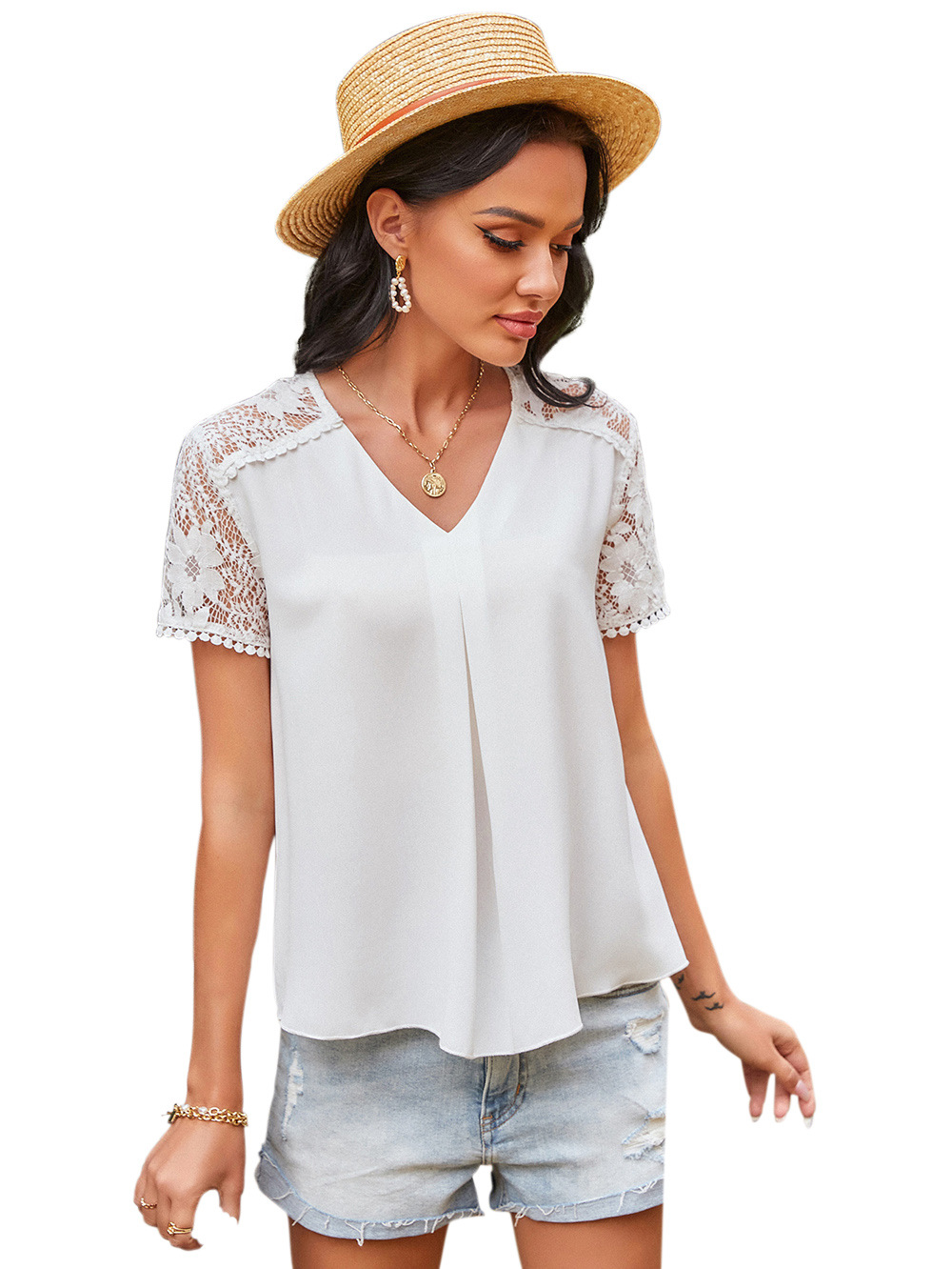 stitching lace v-neck solid color loose t-shirt  NSDF36051