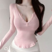 纯欲性感御姐显胸显身材防晒长袖薄t恤女秋季紧身半开领微透上衣