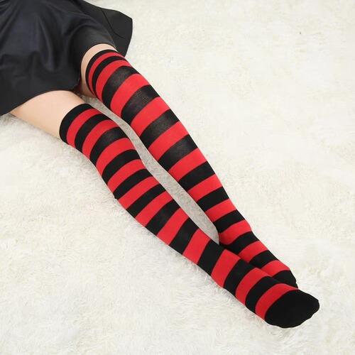 Striped Long Stockings, Zebra-Print Knitted Socks, Lolita-Style Over-Knee Thigh-Highs