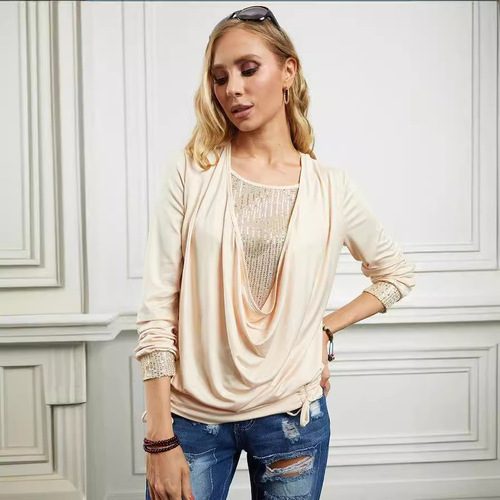 2025 Spring European and American Beaded Contrast Solid Color Long-Sleeve Women's Top with Large Collar Loose Pleated False Two-Piece Top