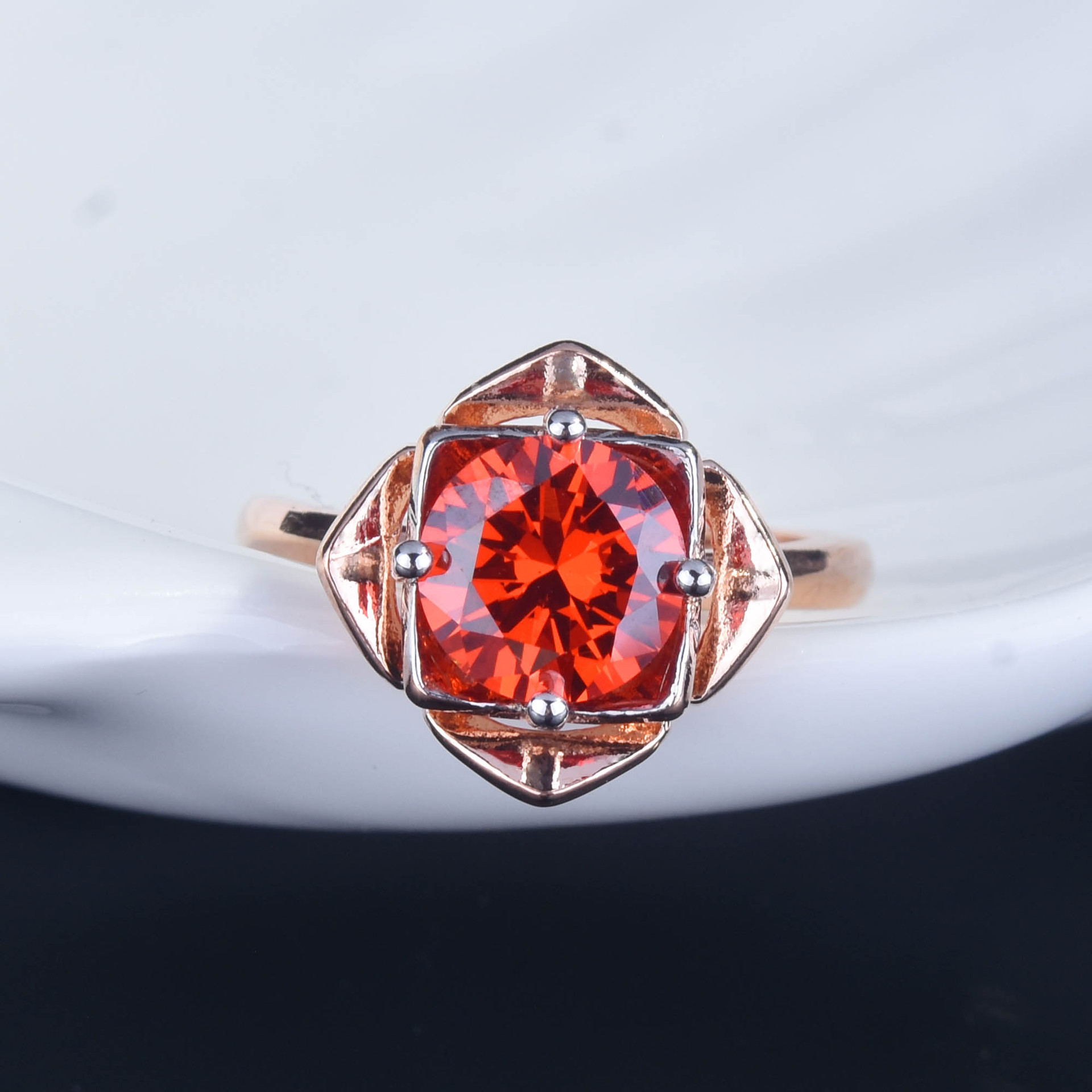 New Imitation Pigeon Blood Red Color Treasure Rose Gold Two-tone Electroplating Rose Open Ring display picture 2