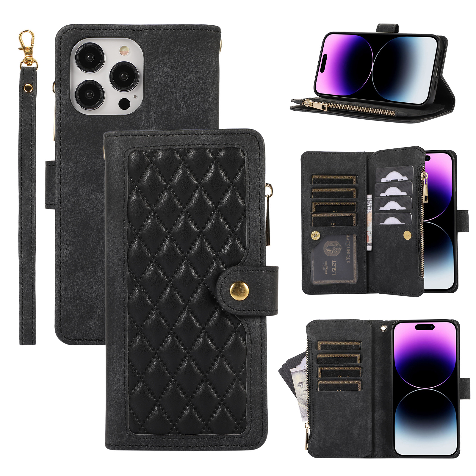 Suitable for iPhone 15 PRO color blocking multi zipper, small fragrant breeze, Apple 14 wallet card insertion flap_voghion.com