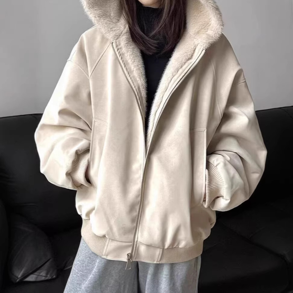 荔枝纹皮1500G连帽座山雕PU皮外套男女冬季加绒加厚皮衣毛领棉衣