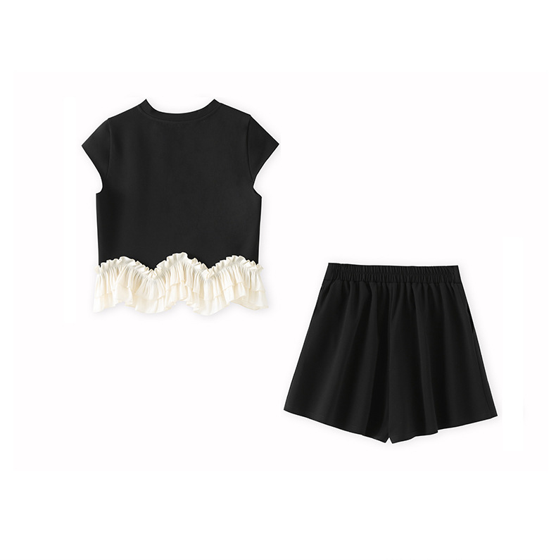 Bộ áo cổ tròn đính cườm phối tay bèo + quần short nữ mùa hè — Màu đen chi tiết 11