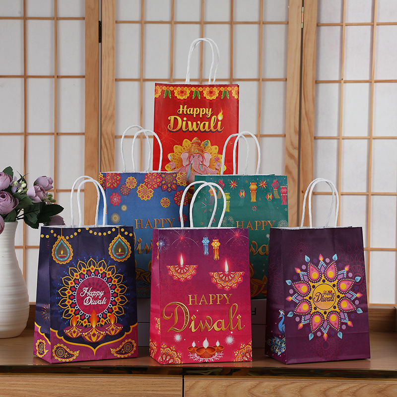 Cross-Border Indian Pade Festival Kraft Paper Bag Holiday Gift Handheld Packaging Bag Classical Holiday Gift Bag Wholesale