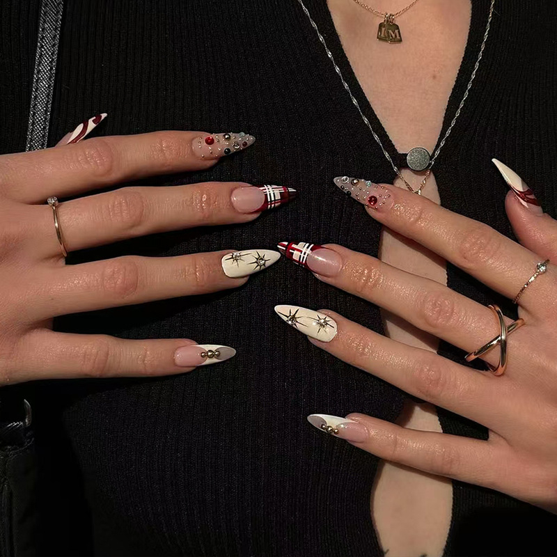 24 Pieces of Almond French Red Grille Edge Glue Handmade Diamond Flash Ins Style Cross-Border Wearable Nail Pieces