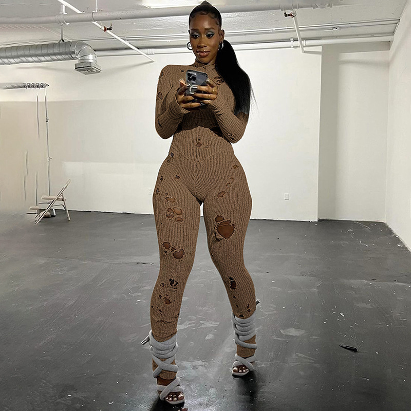 Estilo europeo y americano 2024 nueva tendencia de otoño personalidad calle tejido agujero hueco cintura alta pantalones ajustados de una pieza mujer