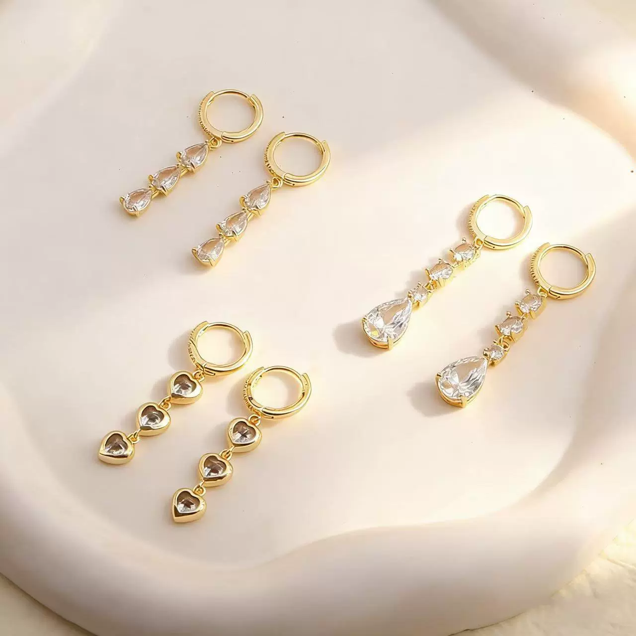 白色锆石水滴爱心形耳环女欧美潮流极简主义时尚百搭耳圈流苏耳饰