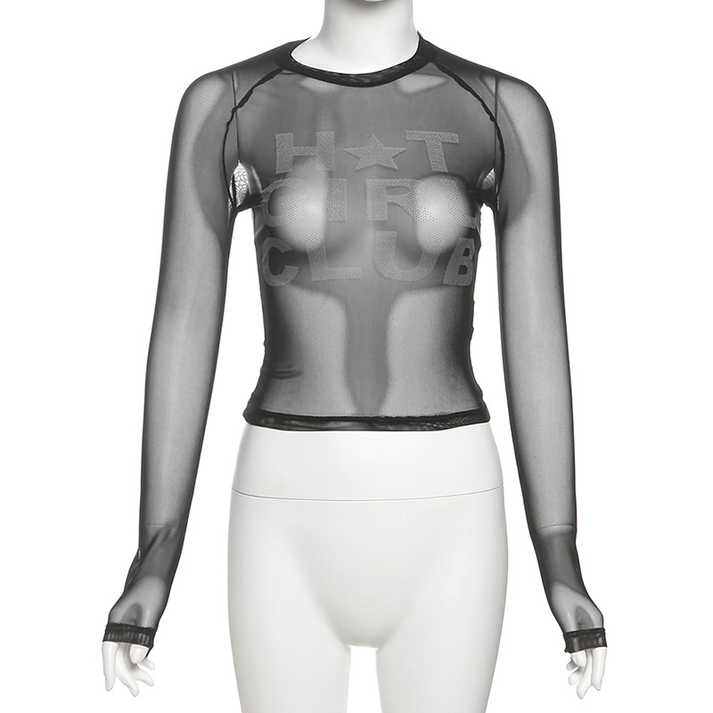 Spring Women Clothing Sexy Sexy round Neck Printed Mesh See through Slim Fit Cropped T shirt