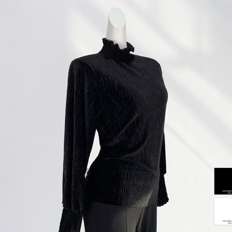 Cabinet designer early spring bottoming shirt high-grade gold velvet turtleneck pleated long sleeve inner puff sleeve top