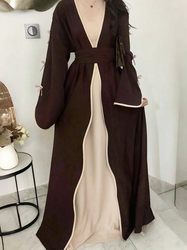 中東服アラビアカフタン無地リボンカジュアルロングスカートエレガントな気質のドレス女性ベルト付き|undefined