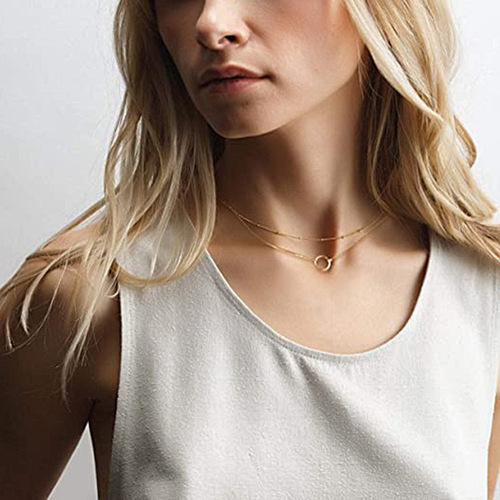 European and American cross-border wholesale jewelry simple ring double-layer necklace copper bead chain clavicle chain gold circle pendant necklace