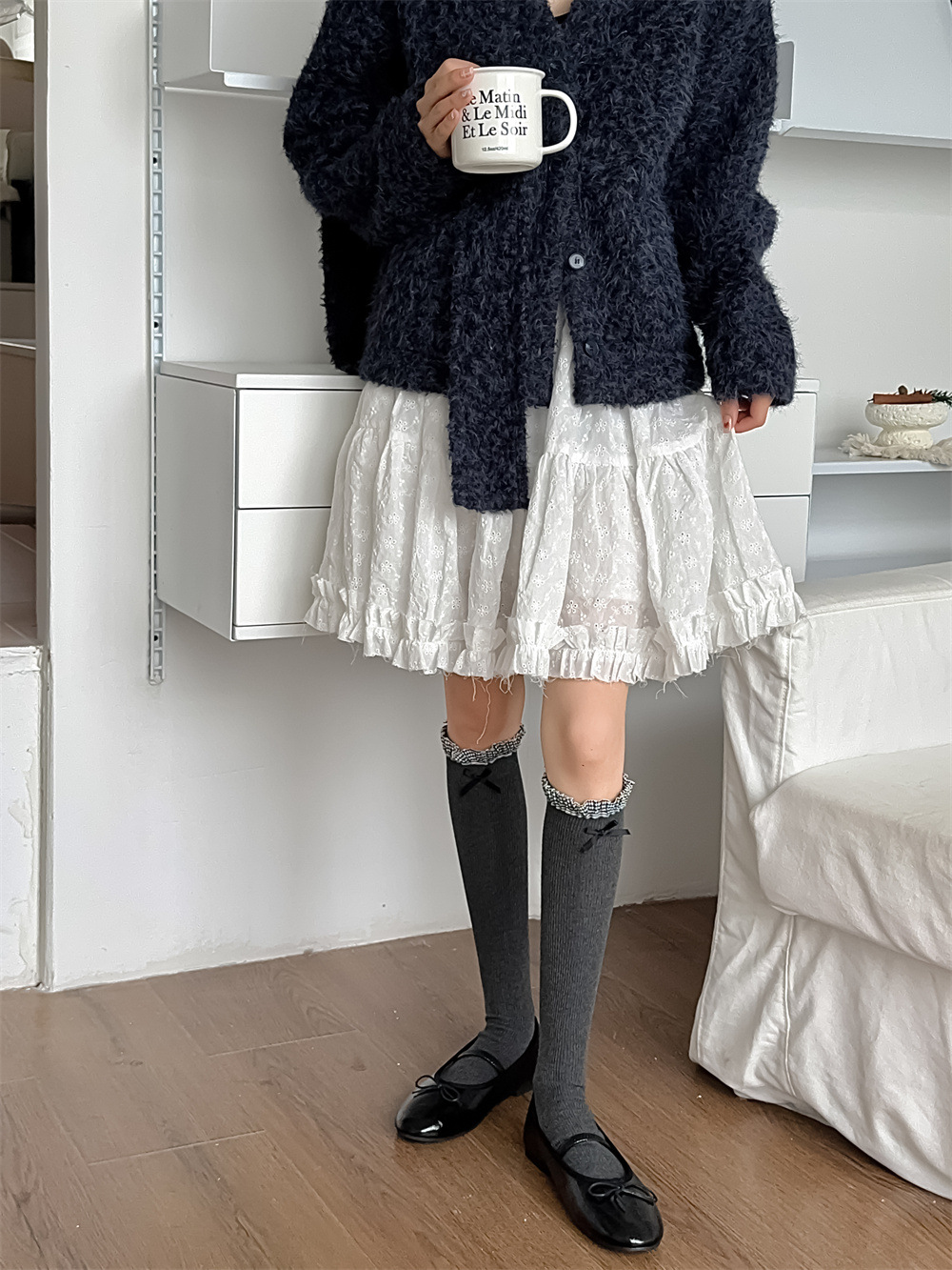 Calzini autunnali e invernali Miu Bow Ankle, calzini lunghi da donna in pile tubolare con motivo verticale in pizzo stile foresta_voghion.com