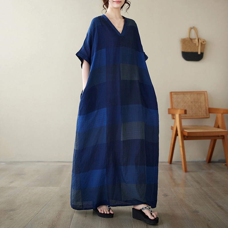 2024 Summer V-neck Cotton Linen Large Size Loose Artistic Holiday Beach Dress Retro Meat Covering Long Gown for Women 2024 Summer V-neck Cotton Linen Large Size Loose Artistic Holiday Beach Dress Retro Meat Covering Long Gown for Women