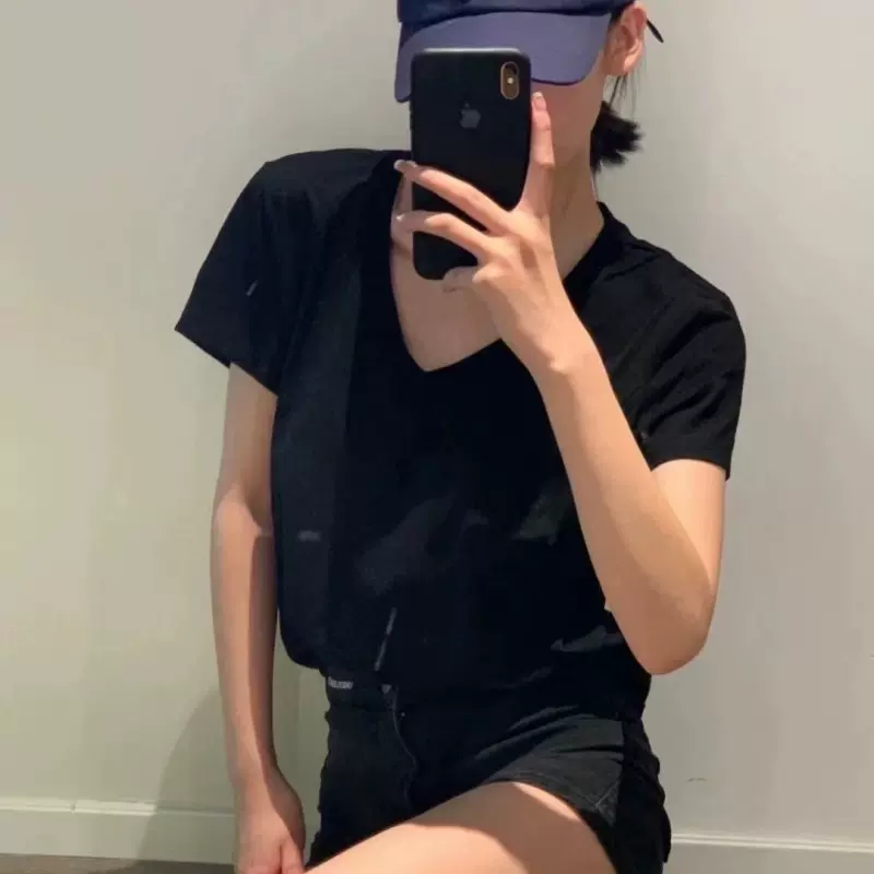 新款拉夫短袖女t恤RL小马标刺绣V领正肩短袖纯棉简约修身上衣女