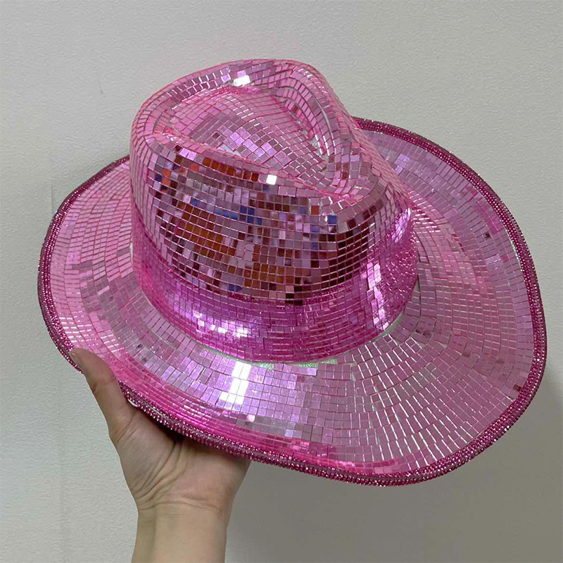 Disco espejo láser sombrero de vaquero fiesta fiesta de baile con lentejuelas sombrero occidental transfronterizo reflectante sombrero de rendimiento rosa plateado