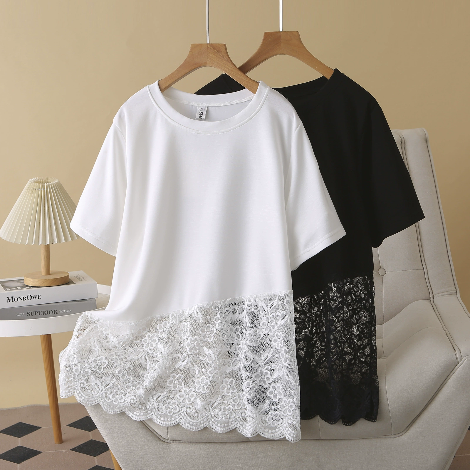 Женская нишевая кружевная футболка больших размеров, большой размер, с короткими рукавами, летняя, средней длины, с боковым разрезом, свободный топ 1663.