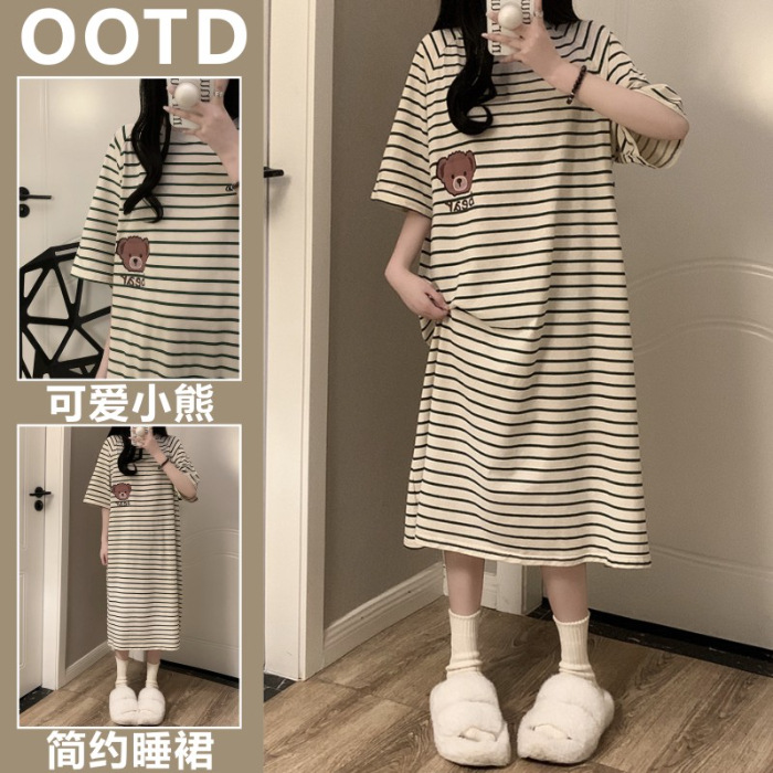 Pijamas de verano para mujeres nuevas rayas simples dulces caricaturas osos sueltos estudiantes ropa de hogar pijamas de cabello