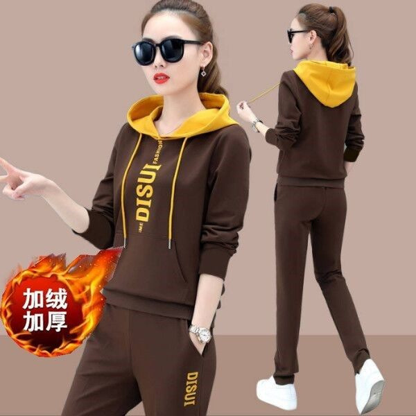 374#休闲运动服套装女秋冬季新款宽松连帽加厚加绒卫衣两件套|undefined