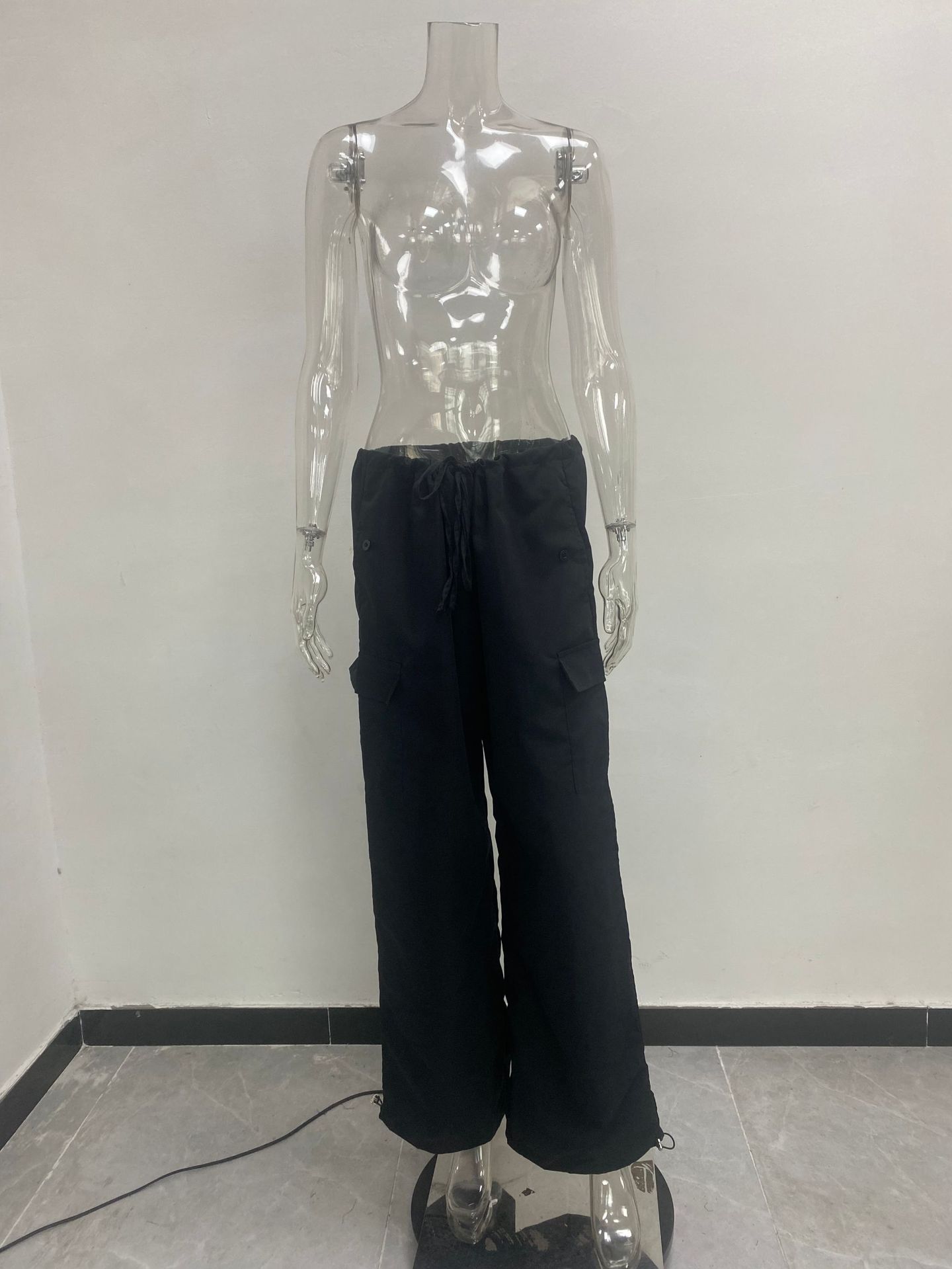 Pantalones de mujer a la moda con bolsillos con cordones pantalones de cintura baja monos sueltos_voghion.com