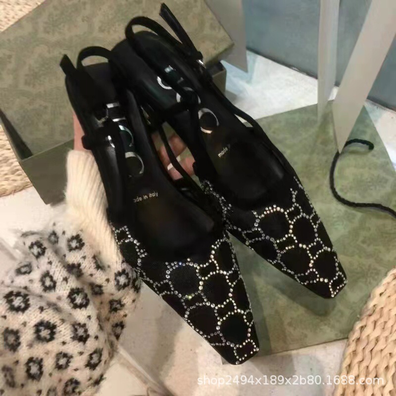 G family rhinestone square head stone pattern shoes 25 years early spring fashion kitten heel high heel sandals