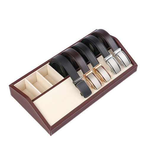 New PU leather wooden belt storage display box for clothing stores, multi-compartment belt display rack, belt display stand