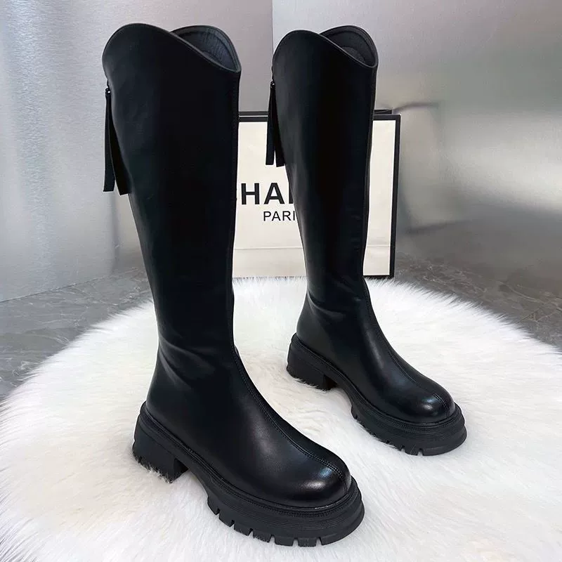 Чжао Лус, тот же мягкий кожаный сапоги 2023 года, высокие трубочки, толстые подошвы, высокие сапоги, подковы и мотоциклетные сапоги