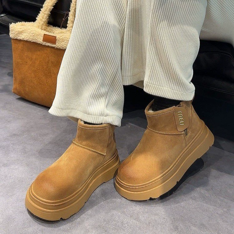 Fleece winter platform boots, warm ankle boots, side zipper, deep khaki/camel, sizes 35–40
