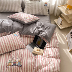 Forest Style | Instagram-Friendly Kids' Cartoon Eco-Cotton Linen 4-Piece Set with Striped Design, Adorable Little Bear Embroidery, and Sueded Finish